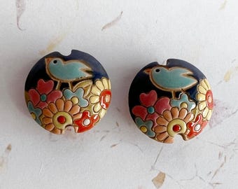BACK IN STOCK! Medium Lentils, Set of Two, Blue Bird with Flowers, Hand Made Artisan Stoneware Beads, Large Hole Beads, Knotting, Waxed Line