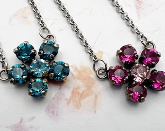 Flower Blossom, Six Stone Necklace, European Crystals, Antique Silver Rolo Chain with Lobster Claw Clasp, Bohemian Aqua or Rose