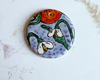 Spring Snowdrops by Damyanah Studio, Small Pendant, Hand Painted and Hand Glazed Stoneware Pendant