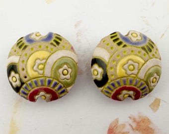 Set of Two, Mixed Techniques Lentil Shaped Beads, Hand Crafted Beads