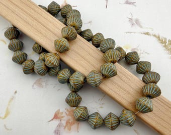 11 mm Tribal Bicone Beads, Honey with Picasso and Turquoise Wash (15 beads)