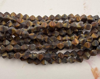 Matte Chroust Lucerna Beads, 6mm, Czech Glass Pressed Bicone Beads, 50 Beads per Strand, Matte Brown Tiger Eye Swirl Chroust Blend