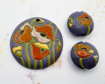 New!  3 Piece Set, Poppies on Purple Clay with Coordinating Lentils, Hand Carved Glazed Beads, Two Sided Design on the Lentil Shaped Beads