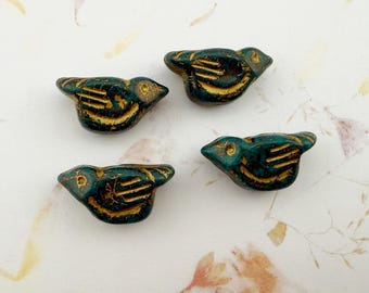 Tiffany Green Czech Glass Bird Bead: Gold Finish and Wash (11x22mm)