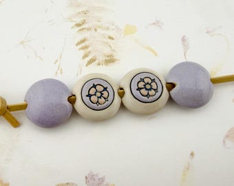 Set of 4 Lentil Shaped Beads, Mixed Technique and Glazed Stoneware