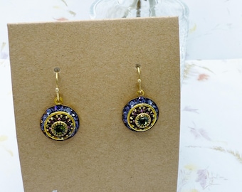 Swarovski Three Tier Tanzanite, Amethyst and Olive Crystal Earrings, Crystals Set in Raw Brass, Shepard's Hook Ear Wire, Pierced, Dangle
