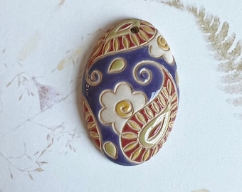 Daisy Paisley Pendant Bead, Oval Stoneware Pendant Bead, Golem Design Studio Beads, Large Oval Pendant Bead