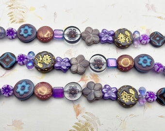 Purples Plus Bead Strand Mix, 7 Inch Strand of Assorted Sizes, Table Cut Czech Glass Beads in Purples, Blues and Metallic Tones