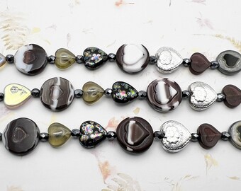 Hearts Bead Strand Mix, 7 Inch Strand of Assorted Sizes, Table Cut Czech Glass Heart Beads in Black, White and Burgundy, Fire Polish