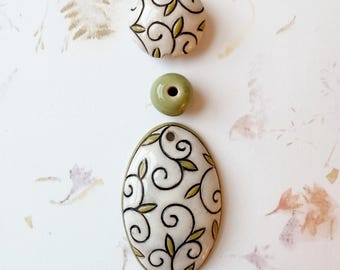 Arabesque Oval Pendant In Ivory, Green, White on Stoneware, Golem Design Studio Beads, Large Oval Pendant, Set of 3 Beads