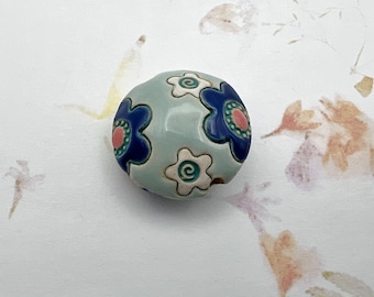 Red, White And Blue Flowers, Lentil Shaped Bead, Flower Fun, Medium Size Lentil Pendant Bead, Golem Design Studio Beads, Large Hole Beads