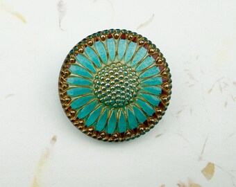 32mm Round Sunflower Button, Shank, Aqua Blue Coral Red Rim