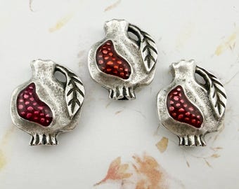 Set of 3 Pewter Pomegranate With Resin Focal Beads, 25mm, Greece