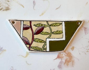 Pink Branches by Damyanah Studio, Stoneware Trapezoid Pendant, Hand Crafted in Bulgaria