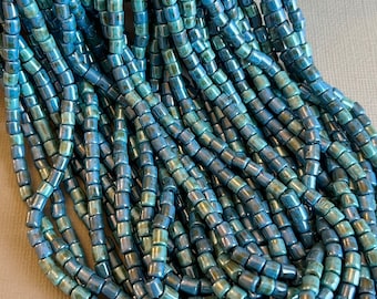 Turquoise Picasso Bugle Beads: 4mm Czech Glass Tube Beads, Tribal Wampum