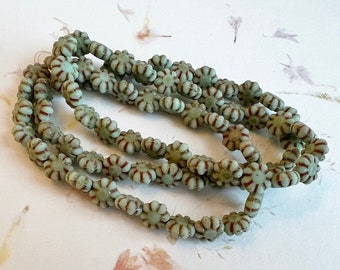 Catus Flower Beads, Czech Glass Pressed Beads, 9mm, Sage Green with Picasso Finish, 25 Beads Per Strand