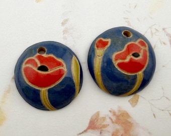 Set of 2, Red Poppies on Blue,  Domed Small Pendant, Golem Design Studio