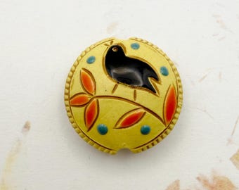 Handcrafted Stoneware Bird Bead, Lentil Shaped Ceramic Bead, 23mm