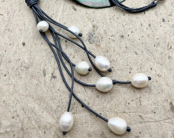 Handmade 4 Strand Gray Leather Pearl Necklace with 8, 9x12mm White Fresh Water Pearls, 20 Inch Necklace with a 5 Inch Drop of Pearls