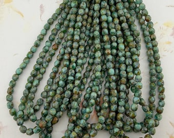 Czech Glass 4mm Faceted Round Beads, Sea Green with Picasso Finish (50 per Strand)