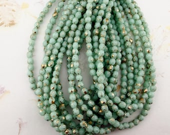Czech Glass 4mm Faceted Round Beads, Mint Gold Finish (50 per Strand)