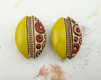 Set of Two, Almond Shaped Beads, Mixed Technique Stoneware Beads