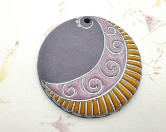 Lavender Paisley Crescent, Hand Carved Stoneware Pendant Bead, Artisan Stoneware Pendant Beads, Large Round Glazed Stoneware Pendant