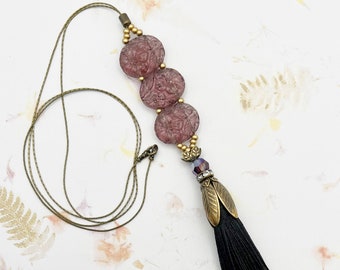 Beautiful German Glass Lariat, 36 Inches Plus Tassel Length, Amethyst German Glass, Antique Bronze Slider Lariat Necklace, OOAK