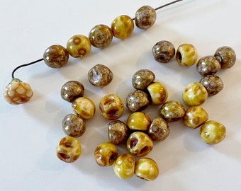 Opaque Yellow and Copper Picasso Mix with Luster Finish, 9x8mm Mushroom Beads, Mushroom Button Beads, 30 Beads Per Strand
