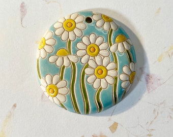 Handcrafted Stoneware Daisy Pendant: Light Blue Floral Focal Bead