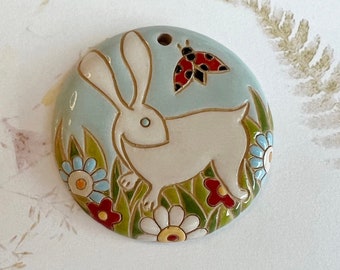 Running Jack Rabbit Pendant, Large Round Pendant, Carved Stoneware Pendant, Stoneware Pendant, Jack Rabbit and Ladybug Pendant