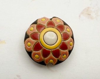 Flower Mandala Bead, Yellow and Shades of Pink, Small Lentil Pendant Bead, Hand Crafted High Fired Stoneware, Stoneware Beads