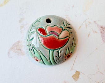 Red Field Poppy with Flowers Small Domed Pendant, Stoneware Pendants, Golem Design Studio