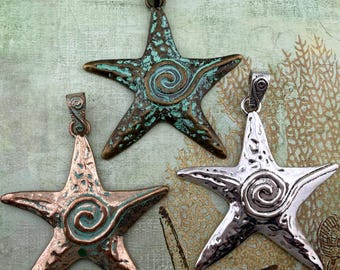 Large Starfish Pendant with a Spiral Swirl and an Attached Bail