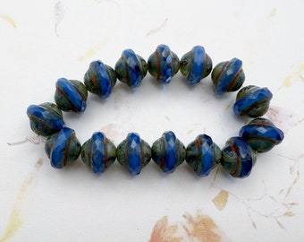 Saturn Beads, 8x10mm, Cornflower with Picasso Finish, 15 Beads per Strand, Unique Faceted Ring Around the Center of the Bead