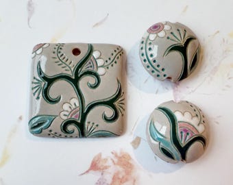 Golem Design Stoneware Pendant Set, Cotton Blossom Beads