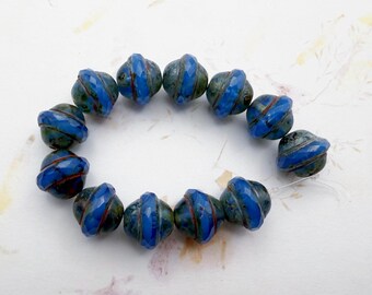 Saturn Beads, 10x12mm, Cornflower with Picasso Finish, 12 Beads per Strand, Unique Faceted Ring Around the Center of the Bead