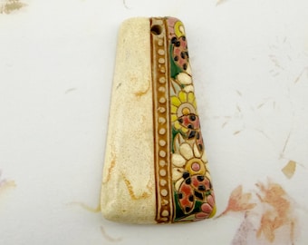 Mixed Technique Trapezoid Stoneware Pendant, Flowers and Ladybugs