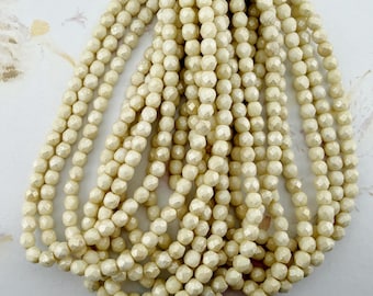 Czech Glass 4mm Faceted Round Beads, Ivory with Mercury Finish (50 per Strand)