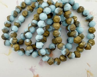 8mm English Cut, Baby Blue with Etched and Gold Finishes, 20 Beads per Strand