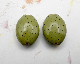 New! Set of Two Solid Polka Dot Almond Shaped Beads, Small Pendant Bead, Hand Shaped, Dotted and Glazed, by Damyana Studio Stoneware Beads