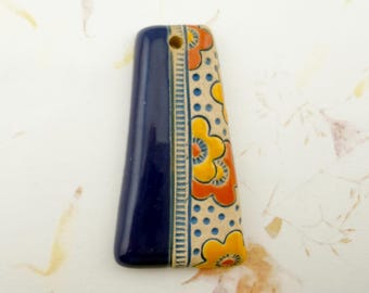 Hand Carved Stoneware Pendant, Flower Design, Glazed Bead (52mm x 28mm)