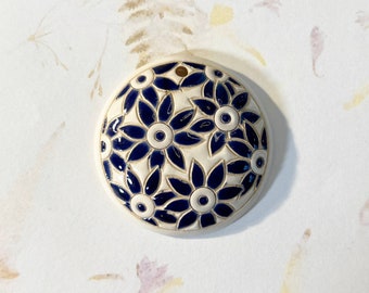 Blue Petal Flowers On White Background Pendant, Round Domed Ceramic Pendant Bead, Golem Design Studio Beads, 1.5 Inches Round