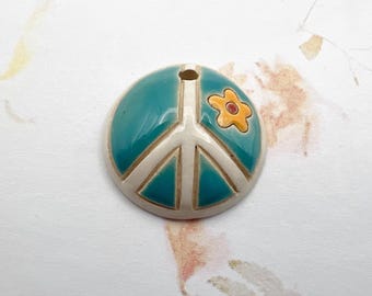 Turquoise Peace Sign with Flower, Domed Small Pendant,  Golem Design Studio High Fired Stoneware Beads