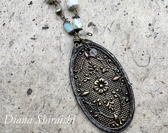 European Beaded Chain Necklace, Detailed Oval Pendant, Floral Embossed, Soldered Pendant, Vintage Inspired And Lovely