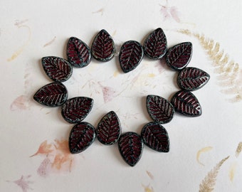 Dogwood Leaves, 12x16mm, Black with Picasso Finish and Red Wash, Dogwood Leaf Beads, 15 Leaves Per Strand
