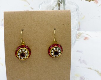 Swarovski Three Tier Ruby Crystal and Pearl Earrings, Crystals Set in Raw Brass, Shepard's Hook Ear Wire, Pierced Earrings, Dangle Earrings