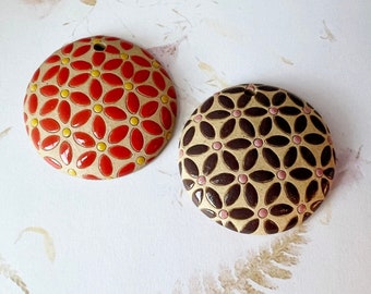 Flower Petals Pendant, Round Domed Stoneware Pendant Bead, Golem Design Studio