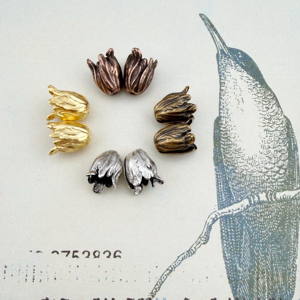 9x11mm Petite Tulip End Caps, Plated Brass, Sets of 2