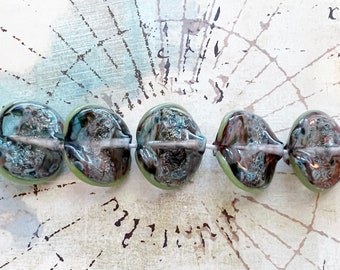 Waterlily Borosilicate Glass Beads, Dichroic Shimmer, Blue Green Tones, Set of 5